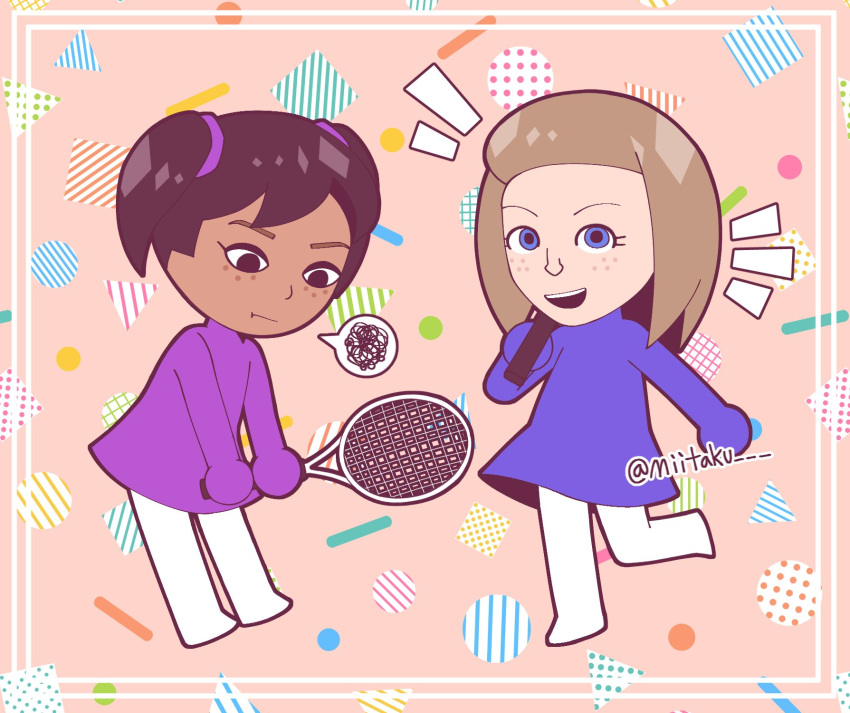2girls, abby_(mii), black_hair, blue_dress, blue_eyes, brown_hair, chibi, dark-skinned_female, dark_skin, dress, freckles, happy, highres, mii_(nintendo), miitaku, miyu_(mii), multiple_girls, open_mouth, pantyhose, purple_dress, racket, short_hair, smile, spoken_squiggle, squiggle, tennis_racket, twintails, twitter_username, wii_sports