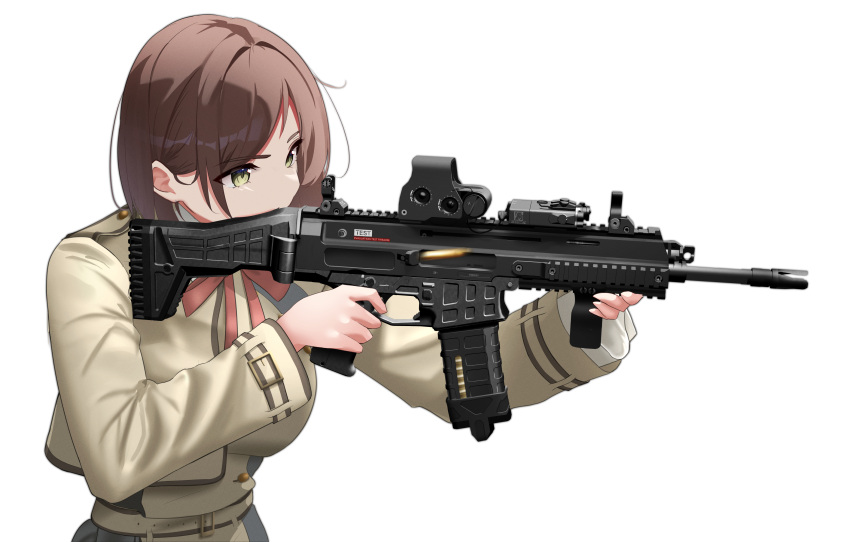 absurdres, aiming, assault_rifle, brown_hair, brown_shirt, commission, cz_805_bren, grey_eyes, gun, highres, long_sleeves, military, original, pixiv_commission, red_ribbon, ribbon, rifle, rynn_(rynn_cube), shirt, short_hair, simple_background, tactical_clothes, weapon, white_background