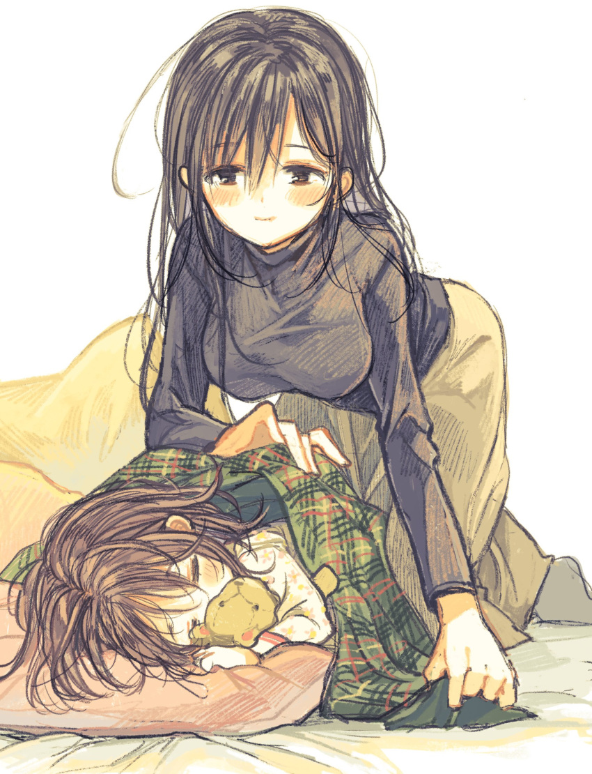 2girls, absurdres, age_difference, black_hair, brown_hair, highres, itou_hachi, kinjo_no_yasashii_onee-san
