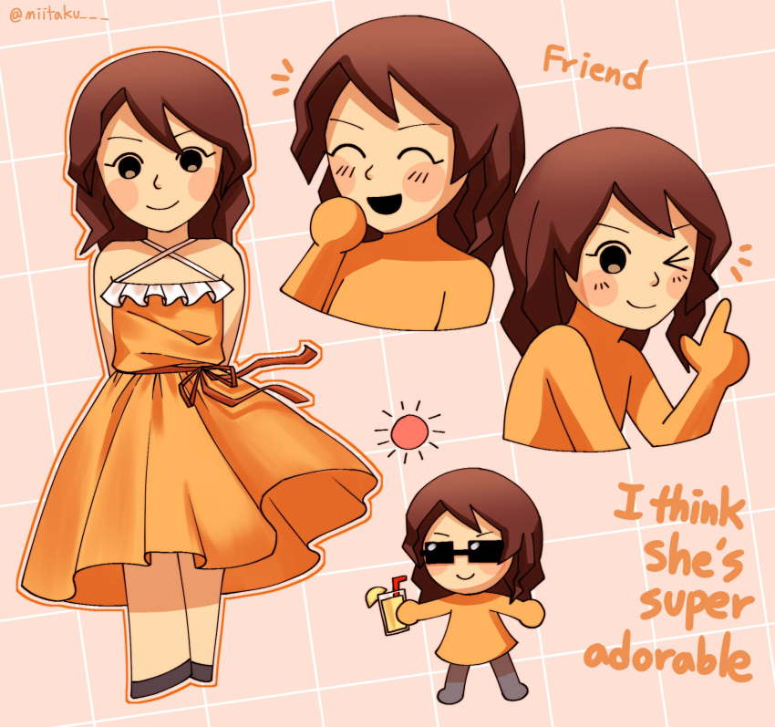 1girl, arms_behind_back, blush, blush_stickers, brown_eyes, brown_hair, character_name, chibi, closed_mouth, cup, dress, drinking_straw, dummy_girl_(mii), english_text, happy, highres, long_hair, looking_at_viewer, medium_hair, mii_(nintendo), miitaku, mob_face, multiple_views, nintendo, one_eye_closed, open_mouth, orange_dress, orange_shirt, shirt, smile, solo, sun, sunglasses, thumbs_up, twitter_username
