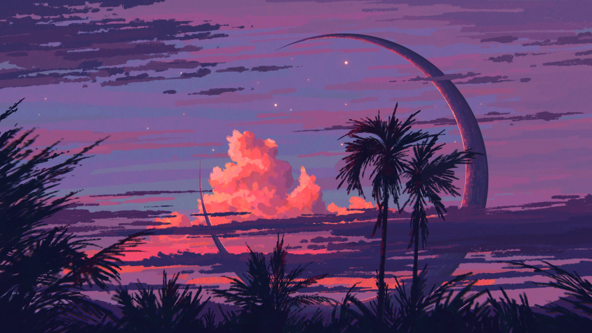 absurdres, clouds, cloudy_sky, crescent_moon, evening, fangpeii, highres, moon, no_humans, original, outdoors, scenery, sky, star_(sky), starry_sky, tree