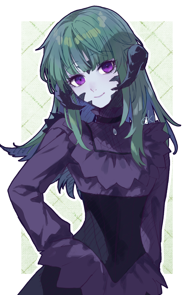 1girl, arms_behind_back, au_ra, black_corset, breasts, closed_mouth, corset, dragon_horns, dragon_tail, dress, ekikisaragi, eyebrows_hidden_by_hair, final_fantasy, final_fantasy_xiv, green_hair, hair_between_eyes, head_tilt, horns, lips, long_hair, looking_at_viewer, purple_dress, scales, signature, simple_background, small_breasts, smile, solo, tail, turtleneck, turtleneck_dress, upper_body, violet_eyes, warrior_of_light_(ff14)