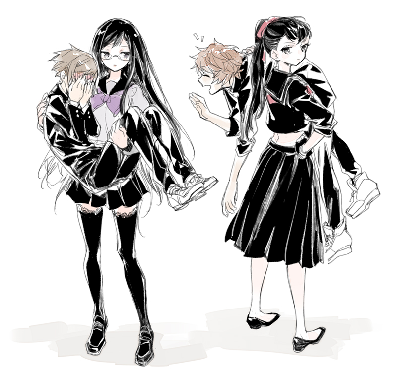 2boys, 2girls, amiguchi_shuu, black_hair, black_serafuku, black_skirt, blush, brown_hair