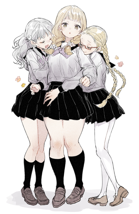 3girls, :o, black_skirt, blonde_hair, blush, braid, closed_eyes, flower