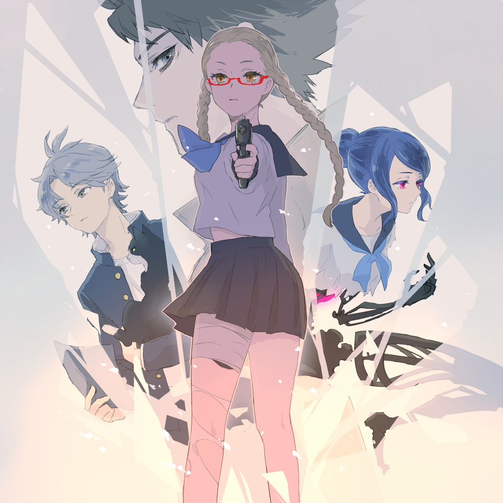 2boys, 2girls, android, bandaged_leg, bandages, black_cat, black_skirt, blonde_hair