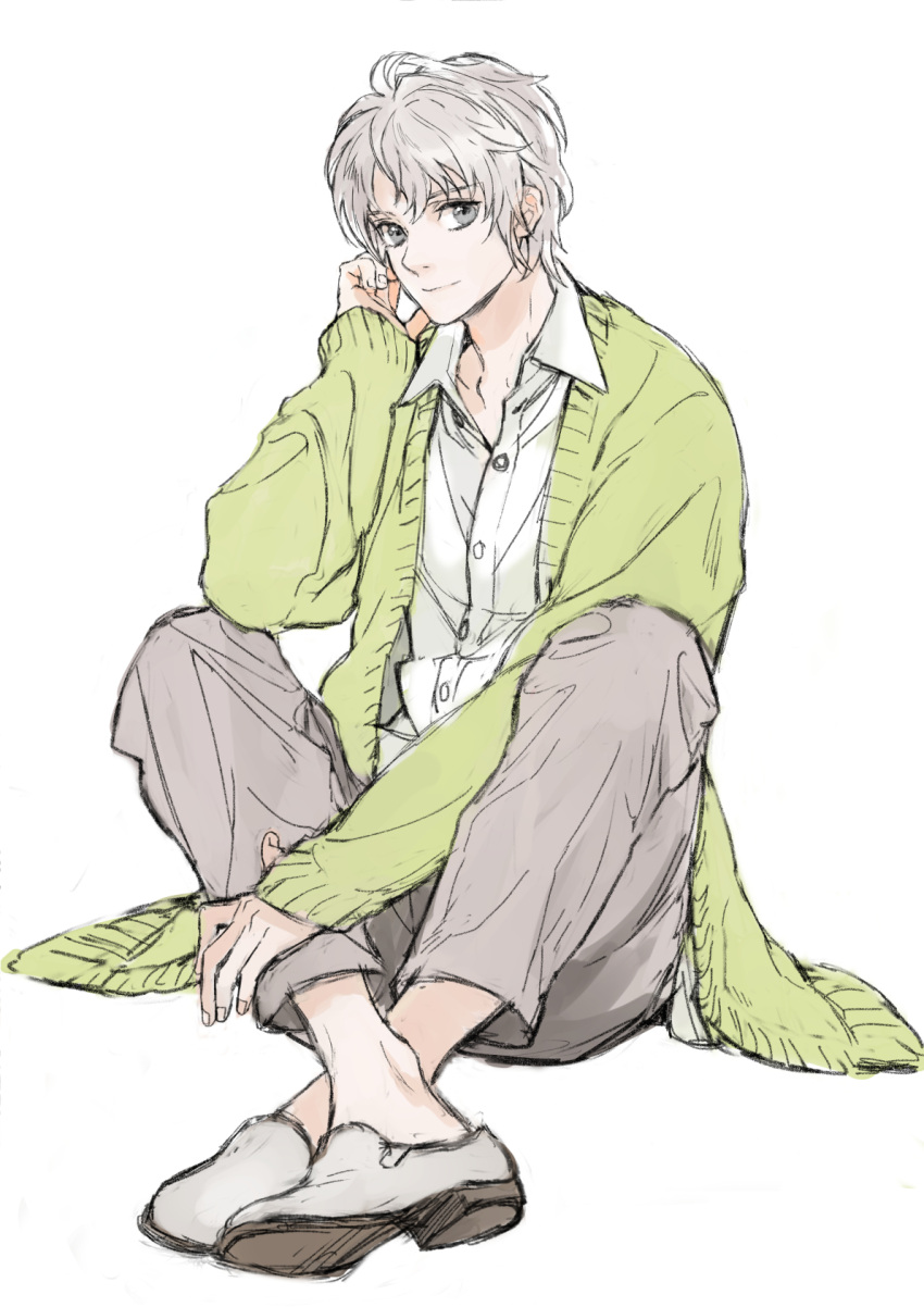 1boy, arm_up, cardigan, collared_shirt, crossed_ankles, full_body, green_cardigan, grey_eyes, hakkataste, hand_on_own_leg, highres, juusan_kihei_bouei_ken, knees_up, loafers, male_focus, okino_tsukasa, okino_tsukasa_(2188), pants, shirt, shoes, sitting, solo, white_hair, white_shirt