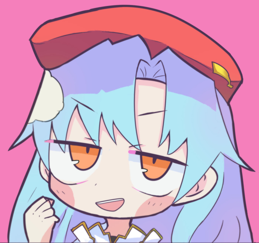 1girl, beret, blue_hair, blush, commentary, copandon_dot, hat, highres, long_hair, looking_at_viewer, mukenkairou, open_mouth, orange_eyes, parted_bangs, pink_background, portrait, rance_(series), red_hat, simple_background, smile, solo
