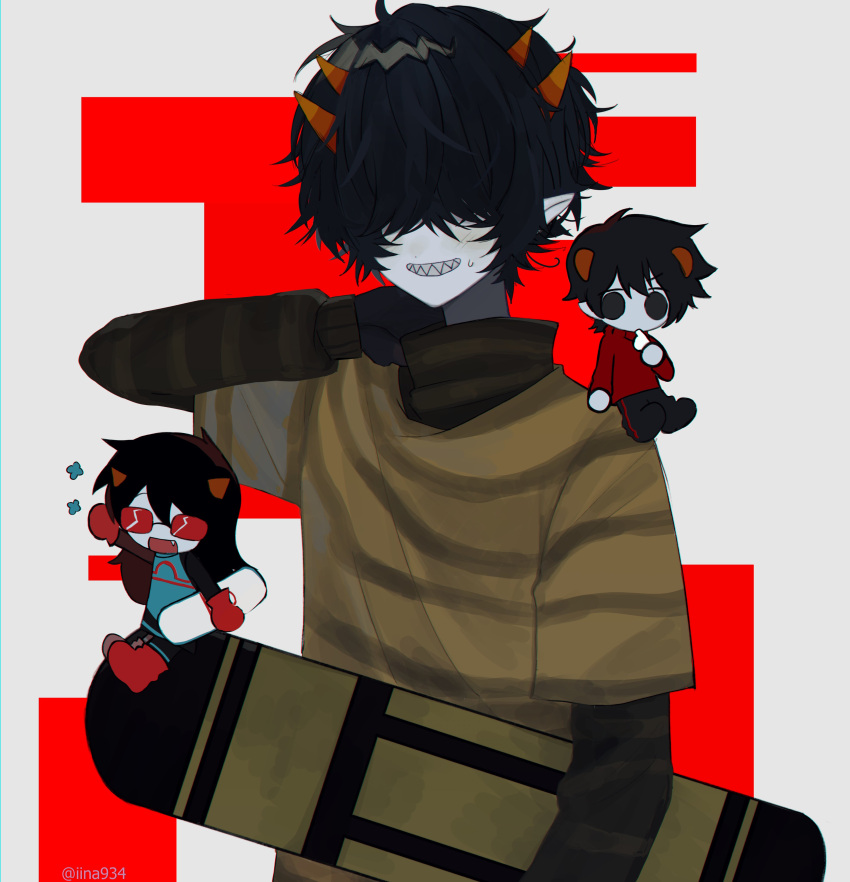 1girl, 2boys, absurdres, alternate_costume, archived_source, black_gloves, black_hair, black_pants