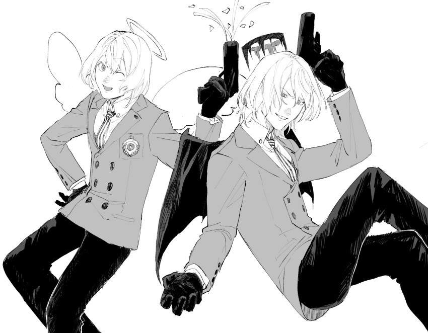 >:), 2boys, ;d, akechi_gorou, angel, angel_and_devil, angel_wings, black_gloves