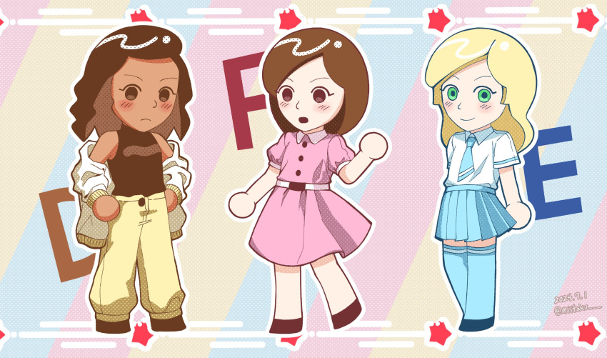 3girls, animification, black_footwear, black_hair, blonde_hair, blue_necktie, blue_skirt, blush