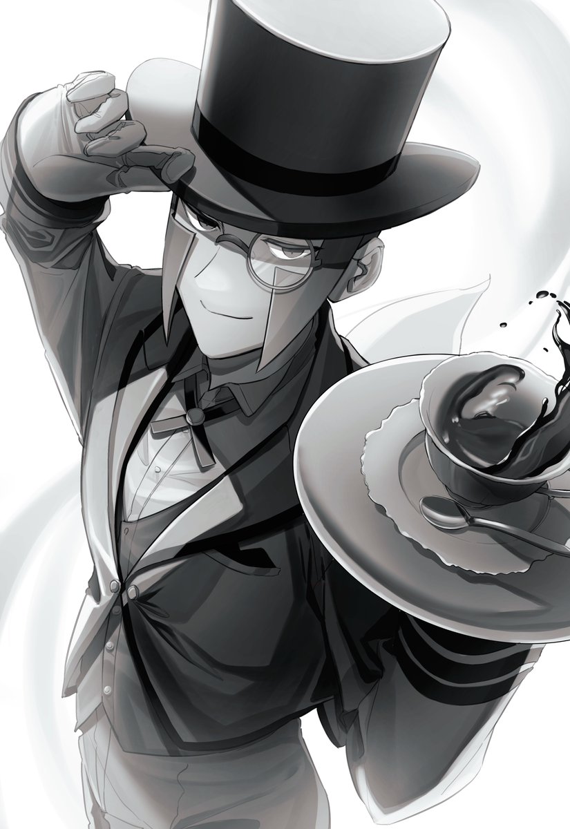 1boy, adjusting_clothes, adjusting_headwear, collared_shirt, commentary_request, cowboy_shot, cross_tie, cup
