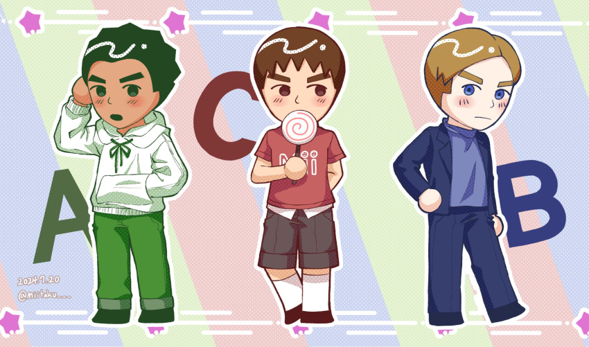 3boys, artist_name, black_eyes, black_hair, blonde_hair, blue_eyes, blue_jacket, blush