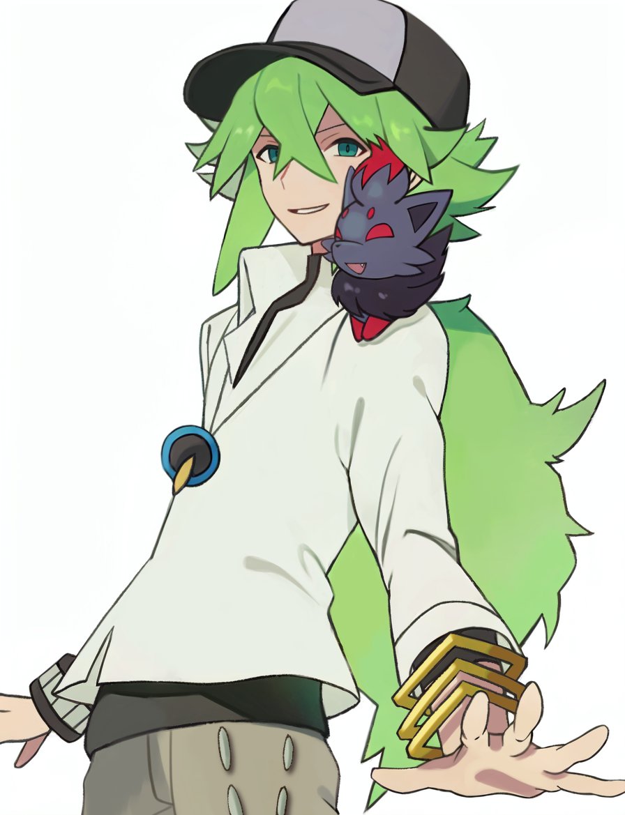 1boy, baseball_cap, black_hat, bracelet, brown_pants, green_eyes, green_hair, grin