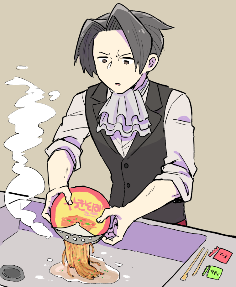 1boy, ace_attorney, ascot, black_vest, failure, food, grey_eyes, grey_hair