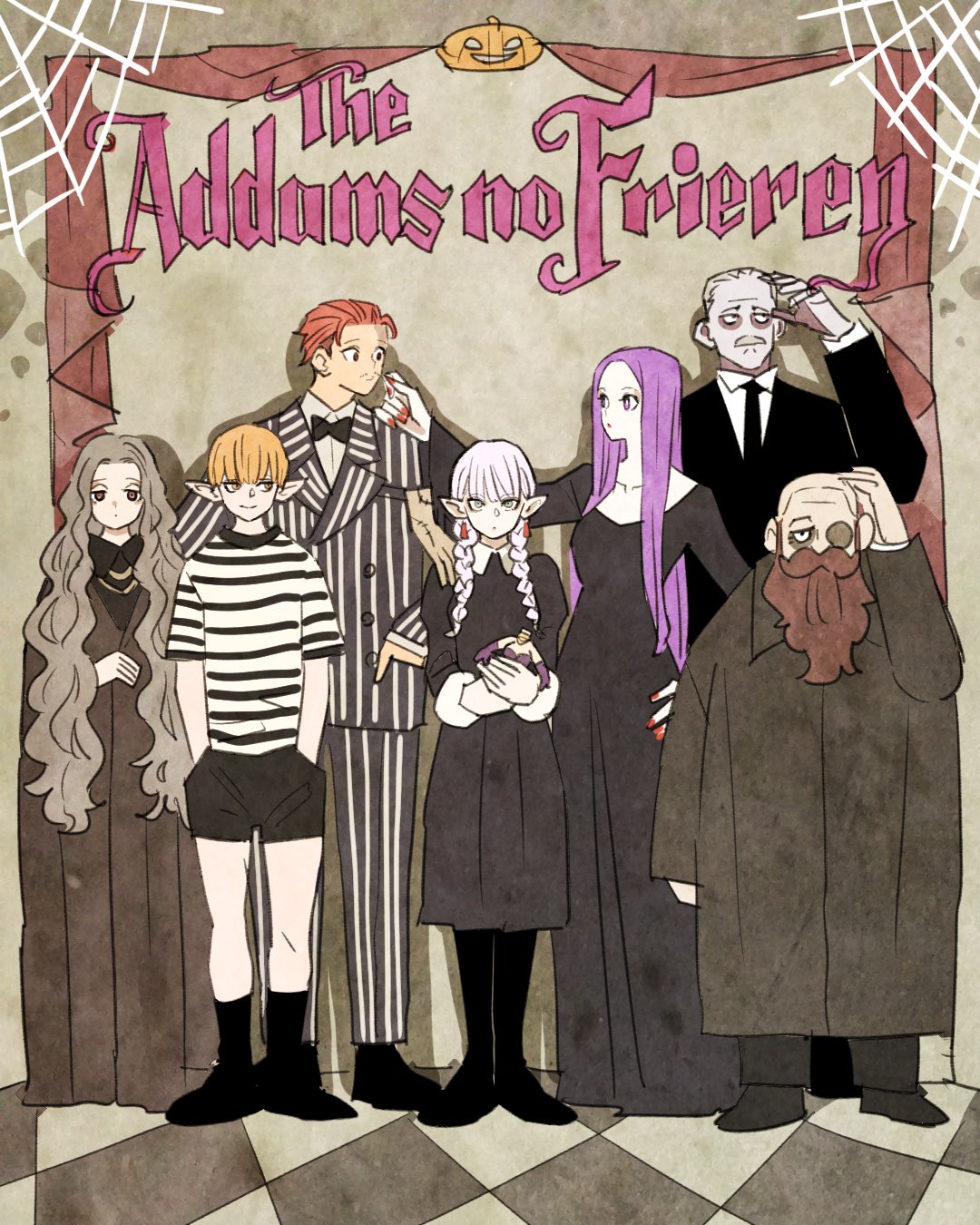 3boys, 4girls, addams_family, aura_(sousou_no_frieren), bald, bald_cap, beard, black_dress
