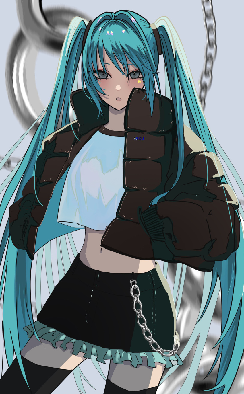 1girl, absurdres, aqua_hair, black_jacket, black_skirt, black_thighhighs, blue_background, blurry