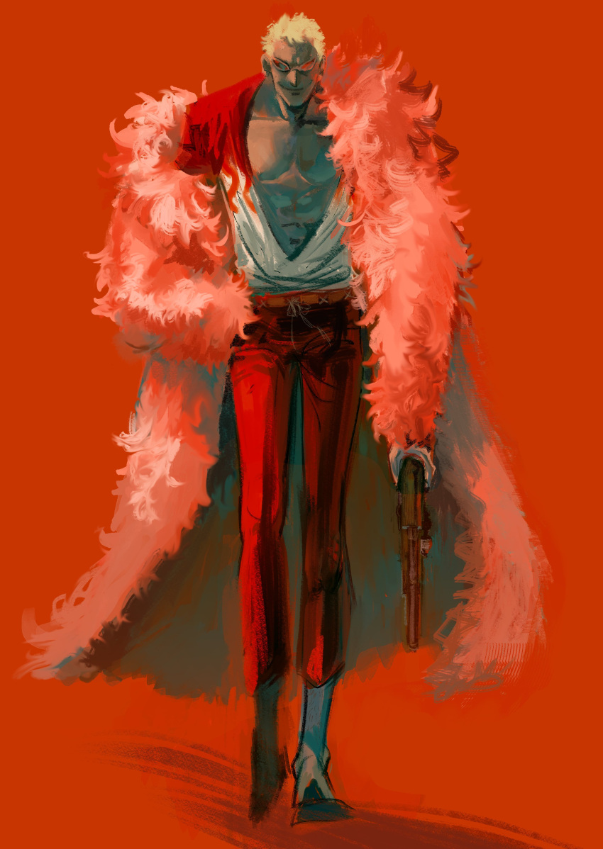 1boy, abs, absurdres, blonde_hair, cape, closed_mouth, commentary_request, donquixote_doflamingo, feather_cape, full_body, gun, hand_in_pocket, highres, holding, holding_gun, holding_weapon, male_focus, matanai_ke, one_piece, open_clothes, open_shirt, pants, pink_cape, red_background, red_pants, short_hair, simple_background, smile, solo, sunglasses, weapon