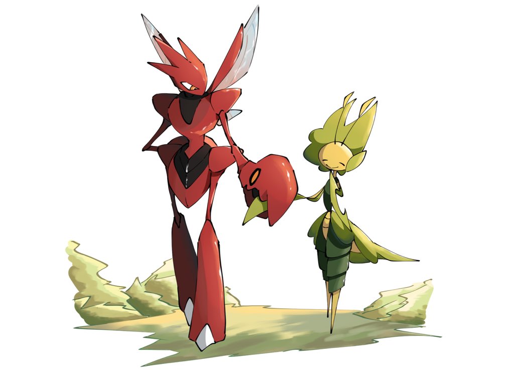 1boy, 1girl, antennae, arthropod_boy, arthropod_girl, arthropod_limbs, closed_eyes, colored_skin, cracky_002, holding_hands, leavanny, looking_at_another, orange_eyes, pokemon, pokemon_(creature), red_skin, scizor, simple_background, smile, standing, white_background, wings, yellow_skin
