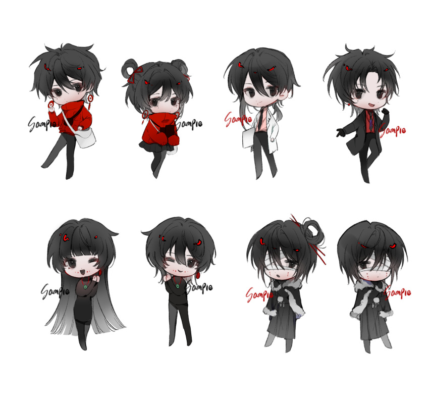 3girls, 5boys, bag, bandage_over_one_eye, black_capelet, black_coat, black_dress, black_eyes