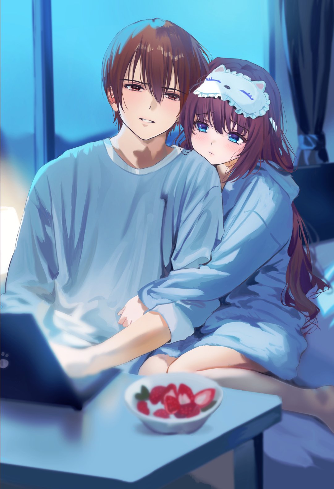 1boy, 1girl, a-chan_(little_busters!), arm_hug, blue_eyes, blush, brown_eyes, brown_hair, commentary_request, computer, couple, curtains, food, fruit, head_on_another's_shoulder, hetero, highres, indoors, laptop, little_busters!, long_hair, looking_at_another, miiizuno_lbs, natsume_kyousuke, pajamas, parted_lips, sitting, sleep_mask, smile, strawberry, window