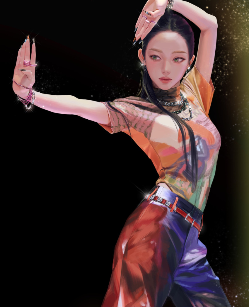 1girl, aespa, belt, black_background, black_hair, bracelet, closed_mouth, commentary_request
