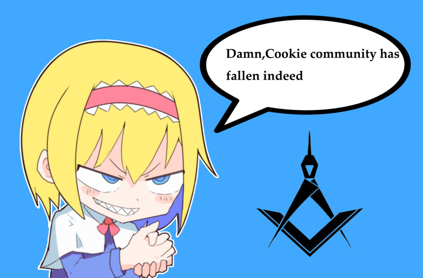 1girl, alice_margatroid, blonde_hair, blue_background, blue_eyes, blue_shirt, blush, bow, bowtie, capelet, chinese_commentary, collared_capelet, commentary_request, cookie_(touhou), english_text, freemason, frilled_hairband, frills, grin, hairband, highres, le_happy_merchant_(meme), meme, mukenkairou, pink_bow, pink_bowtie, pink_hair, rubbing_hands_together, sharp_teeth, shirt, short_hair, simple_background, smile, solo, taisa_(cookie), teeth, touhou, upper_body, v-shaped_eyebrows, white_capelet