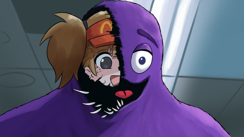 1girl, 1other, black_eyes, brown_hair, double_cheese_(mcdonald's), english_commentary, grimace_(mcdonald's), indoors