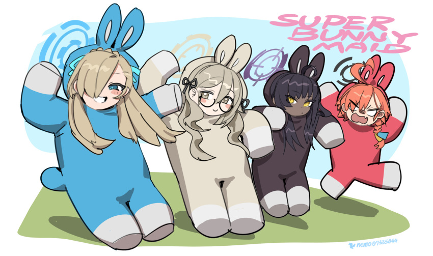 4girls, ahoge, akane_(blue_archive), animal_costume, animal_ears, asuna_(blue_archive), blank_eyes, blue_archive