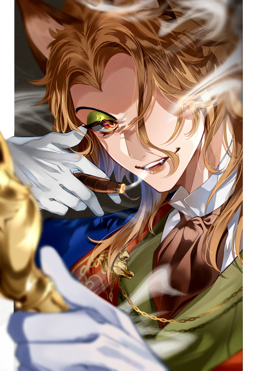 1boy, animal_ears, brown_hair, cane, cigar, eyeshadow, fellow_honest, fox_boy