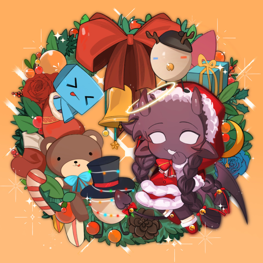 2boys, badboyhalo, bell, black_hair, black_skin, blush, bow, braid, chibi, chibi_only, chinese_commentary, christmas, cihuabinggan, colored_skin, commentary_request, creature, crossdressing, dapper_(quackity_smp), demon_boy, demon_horns, demon_tail, demon_wings, dress, egg, fur-trimmed_dress, fur_trim, gift, halo, halo_around_horn, hat, highres, holly, horns, jingle_bell, long_hair, male_focus, minecraft_youtube, monster_boy, multiple_boys, official_alternate_costume, official_alternate_hairstyle, otoko_no_ko, pointy_ears, pomme_(quackity_smp), quackity_smp, red_dress, red_hat, santa_costume, santa_dress, santa_hat, skeppy, solo_focus, stuffed_animal, stuffed_toy, tail, tail_bow, tail_ornament, teddy_bear, top_hat, traditional_halo, twin_braids, very_long_hair, white_eyes, wings, wreath