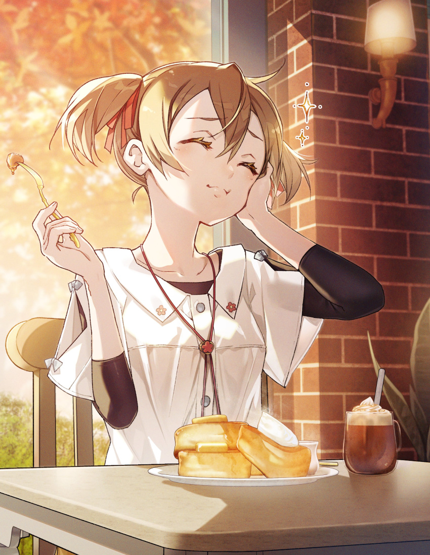 1girl, absurdres, black_undershirt, brown_hair, cafe, closed_eyes, dress_shirt, eating