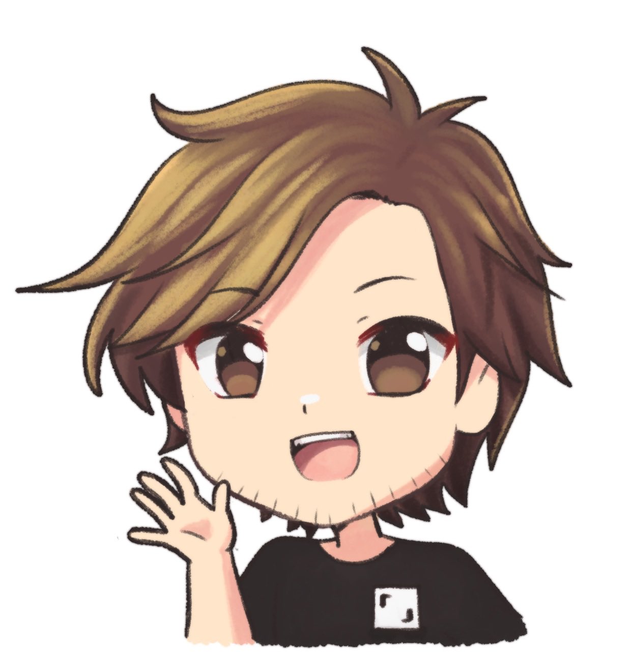 1boy, :d, beard_stubble, black_shirt, brown_eyes, brown_hair, chibi, chibi_only, facial_hair, gradient_eyelashes, hand_up, highres, male_focus, open_mouth, real_life, shirt, short_sleeves, side_part, simple_background, smile, stubble, teeth, thick_eyelashes, upper_teeth_only, waving, white_background, wolfychu_(artist)
