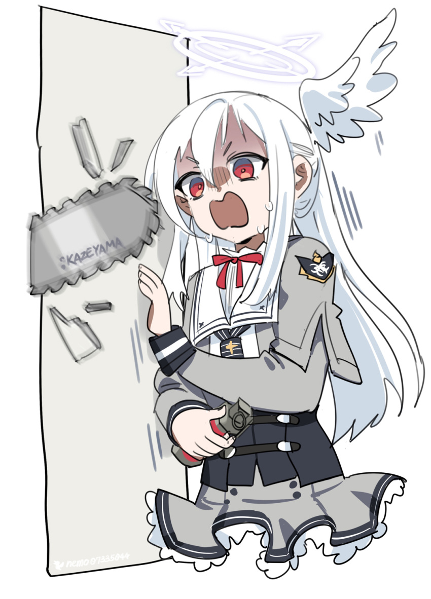 1girl, black_vest, blue_archive, bow, bowtie, chainsaw, door, explosive