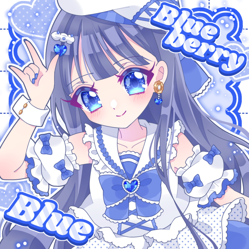 1girl, beret, blue_bow, blue_bowtie, blue_eyes, blue_gemstone, blue_nails, blue_theme