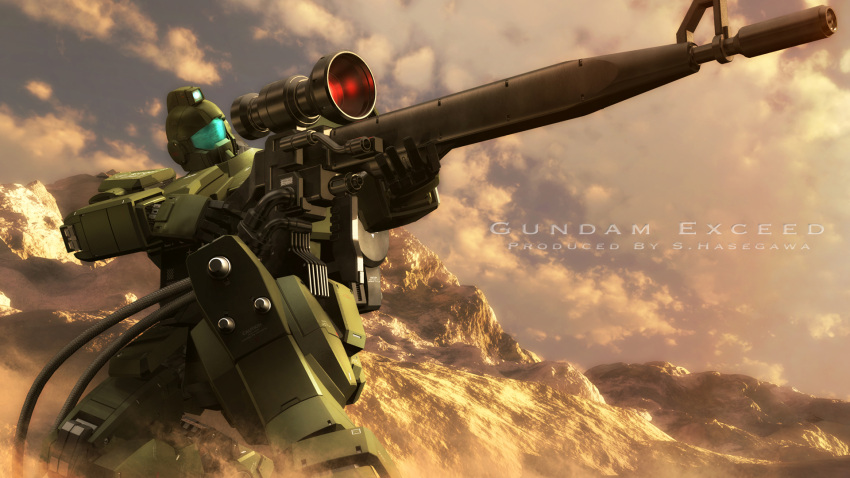 3d, aiming, beam_rifle, cable, clouds, commentary_request, dusk, dust_cloud