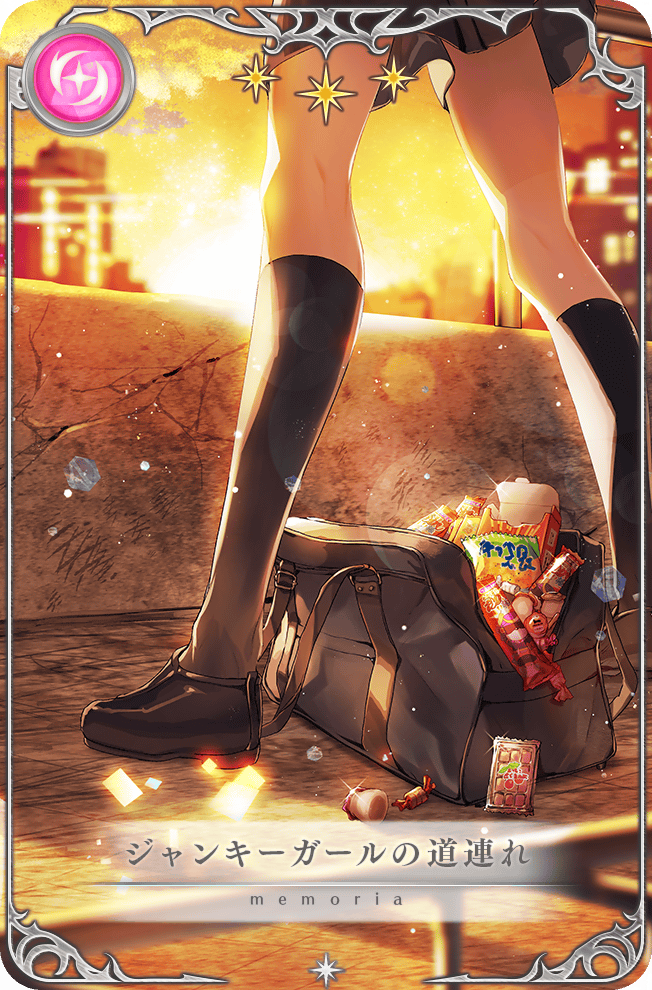 1girl, bag, black_bag, black_footwear, black_skirt, black_socks, candy, card_(medium)