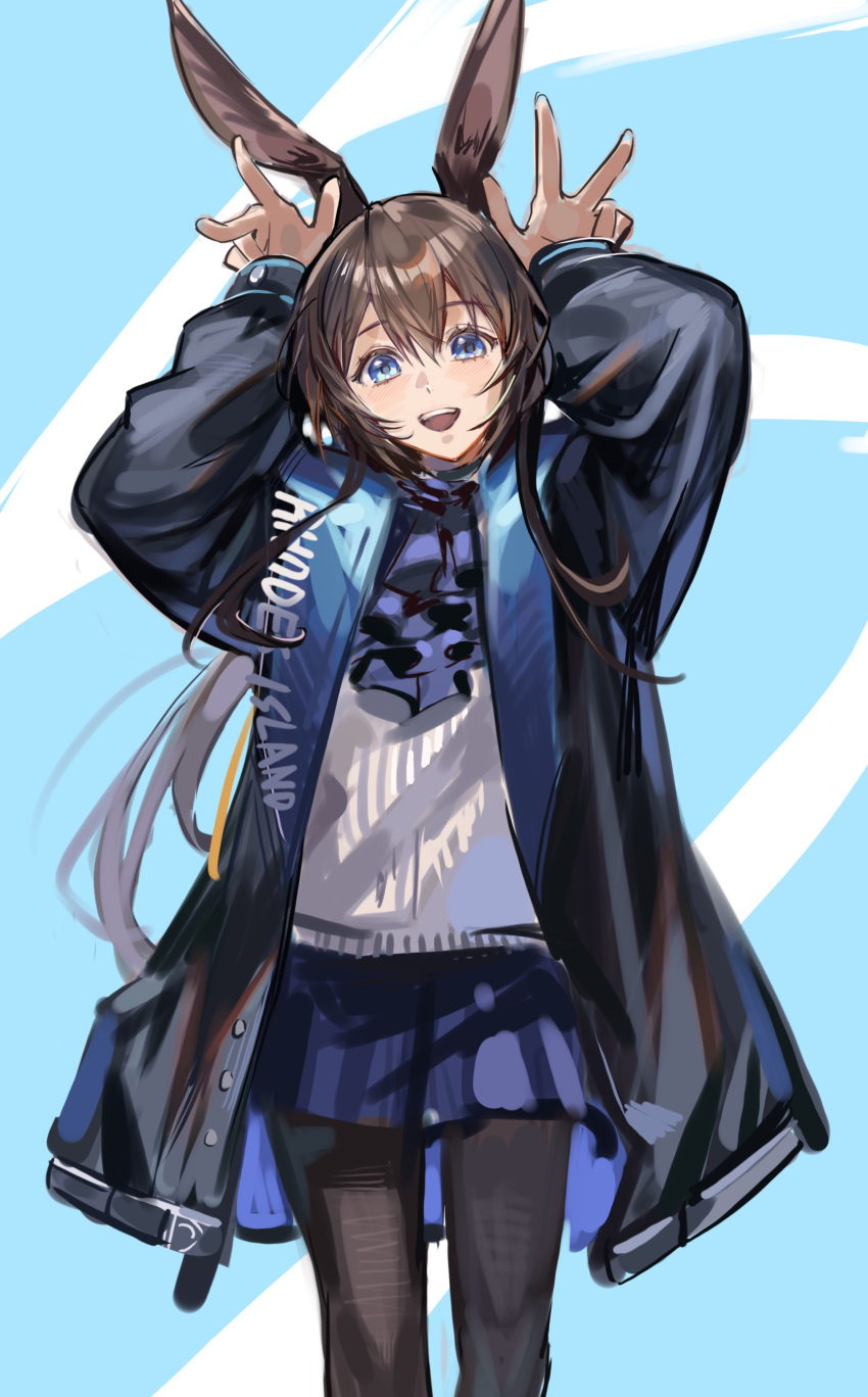 1girl, :d, absurdres, amiya_(arknights), animal_ears, arknights, ascot, black_coat