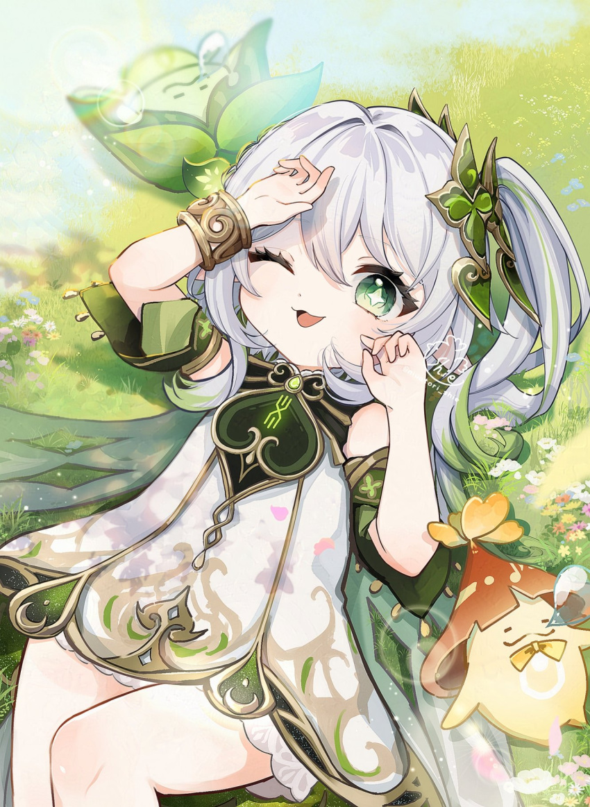 1girl, ;d, aranara_(genshin_impact), bare_shoulders, bloomers, bracelet, commentary, cowboy_shot, day, detached_sleeves, dress, english_commentary, genshin_impact, gold_trim, gradient_hair, grass, green_eyes, green_hair, green_sleeves, hair_between_eyes, hair_ornament, hands_up, highres, jewelry, leaf_hair_ornament, long_hair, looking_at_viewer, lying, making-of_available, multicolored_hair, nahida_(genshin_impact), niwatori_shie, on_back, on_grass, one_eye_closed, outdoors, pointy_ears, side_ponytail, signature, sleeveless, sleeveless_dress, smile, solo, star-shaped_pupils, star_(symbol), symbol-shaped_pupils, twitter_username, white_bloomers, white_dress, white_hair