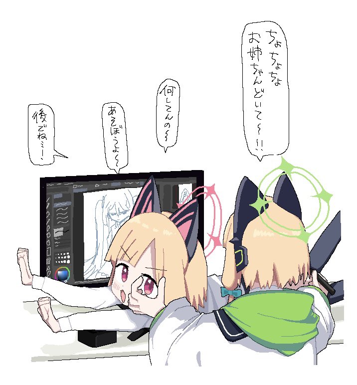 2girls, animal_ear_headphones, animal_ears, blonde_hair, blue_archive, bow, cat_ear_headphones, fake_animal_ears