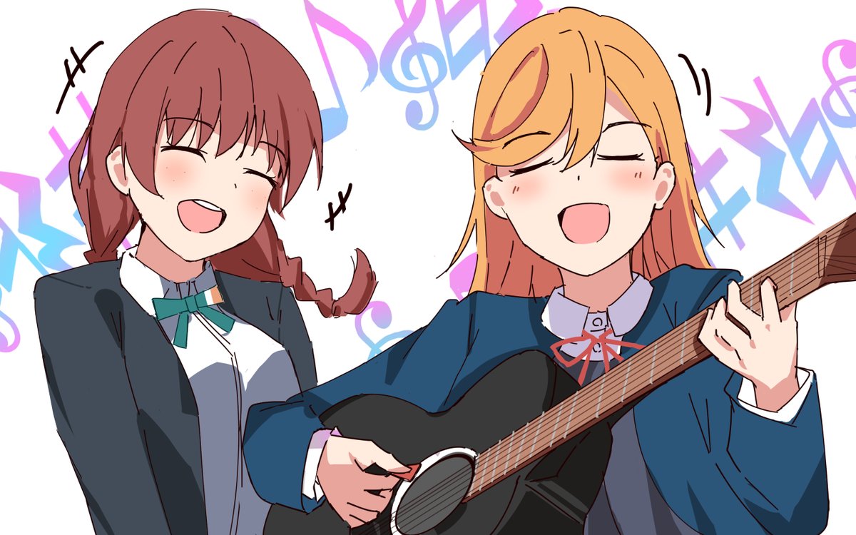 +++, 2girls, :d, ^_^, acoustic_guitar, black_jacket, blue_jacket, blush