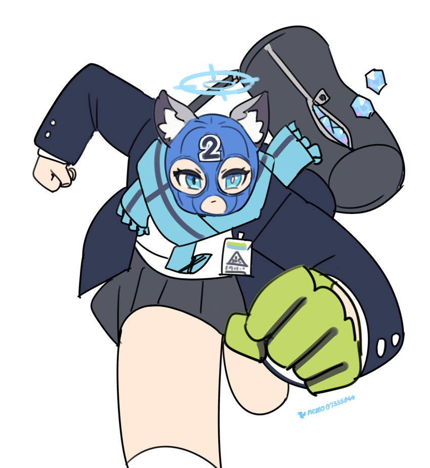 1girl, animal_ear_fluff, animal_ears, bag, balaclava, black_skirt, blue_archive, blue_eyes