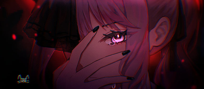 1other, absurdres, akiyama_mizuki, artist_logo, black_nails, black_ribbon, close-up, closed_mouth