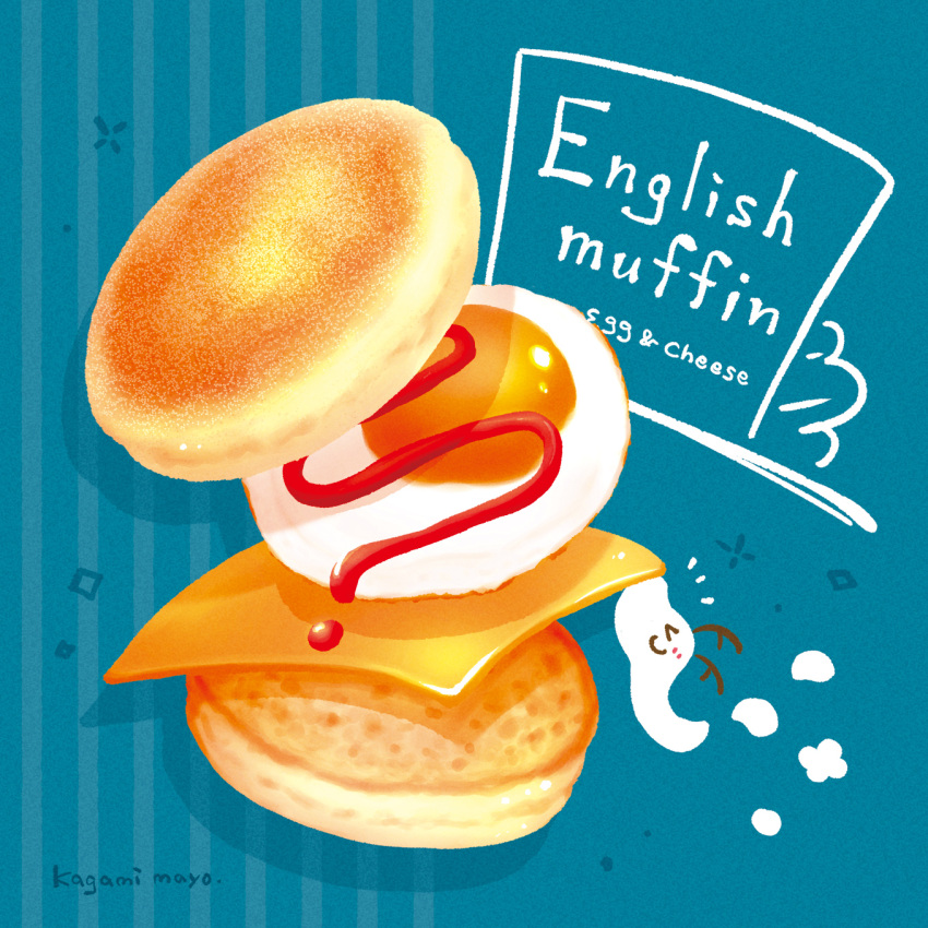 artist_name, blue_background, bread, cheese, egg_(food), english_muffin, food, food_focus, food_name, fried_egg, highres, kagami_mayo, ketchup, no_humans, original, sandwich