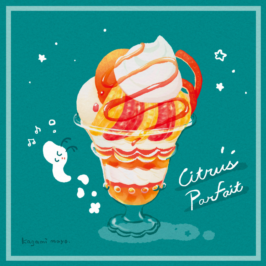 artist_name, blue_background, food, food_focus, food_name, fruit, highres, ice_cream