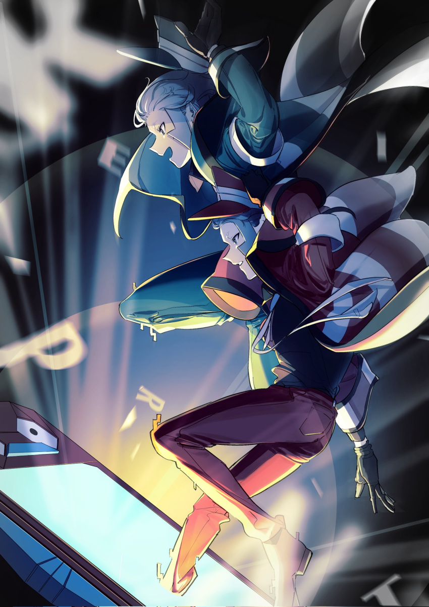 2boys, arm_up, black_gloves, black_shirt, brothers, coat, collared_shirt, commentary_request, emmet_(pokemon), gloves, green_coat, green_hat, green_pants, grey_eyes, grey_hair, hand_on_headwear, hat, highres, ingo_(pokemon), long_sideburns, male_focus, moriyuisu, multicolored_coat, multiple_boys, necktie, official_alternate_color, open_clothes, open_coat, pants, parted_lips, pokemon, pokemon_masters_ex, poryphone, profile, red_coat, red_hat, red_pants, shirt, short_hair, siblings, sideburns, smile, teeth, twins, two-tone_coat, white_necktie