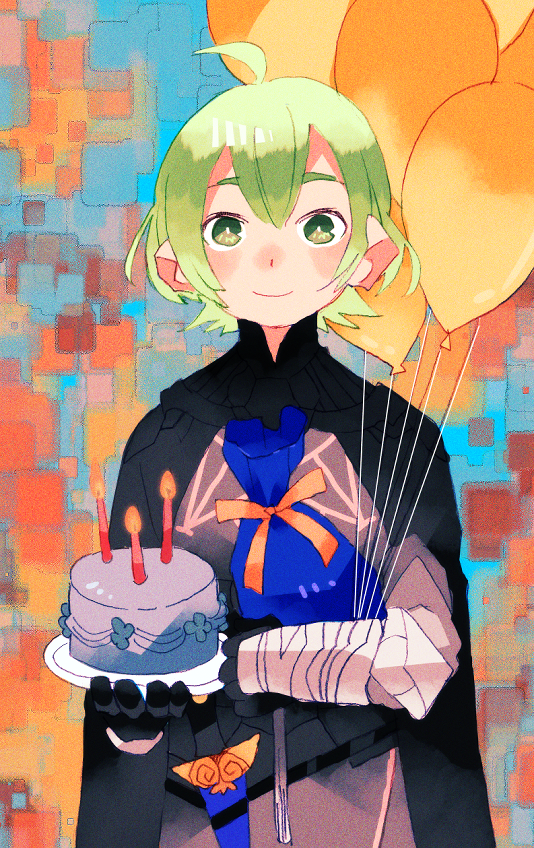 1boy, ahoge, arm_across_waist, armor, armored_gloves, balloon, birthday_cake, black_armor, black_cape, black_gloves, blush, bright_pupils, byleth_(fire_emblem), byleth_(male)_(fire_emblem), cake, candle, cape, commentary_request, cowboy_shot, dagger, doggyet, fire, fire_emblem, fire_emblem:_three_houses, food, gift, gloves, gorget, green_eyes, green_hair, hair_between_eyes, holding, holding_balloon, holding_gift, holding_plate, holstered, knife, male_focus, orange_ribbon, plate, ribbon, smile, solo, weapon