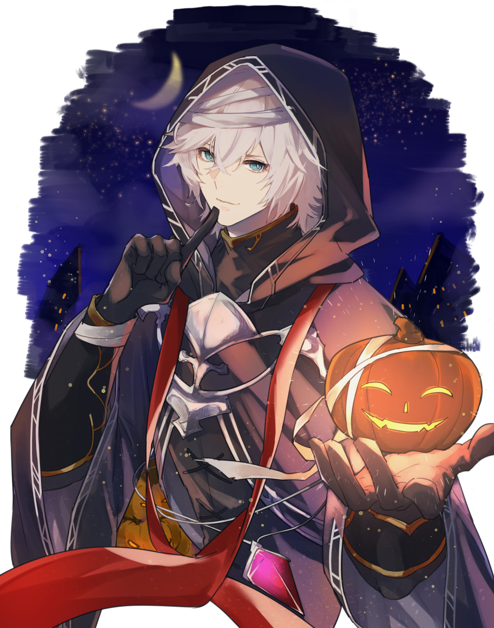 1boy, bandages, black_gloves, black_robe, blue_eyes, gloves, granblue_fantasy, hair_between_eyes, halloween, highres, hood, hood_up, huyoyo_yo, jack-o'-lantern, lucio_(granblue_fantasy), male_focus, official_alternate_costume, robe, short_hair, smile, solo, white_hair