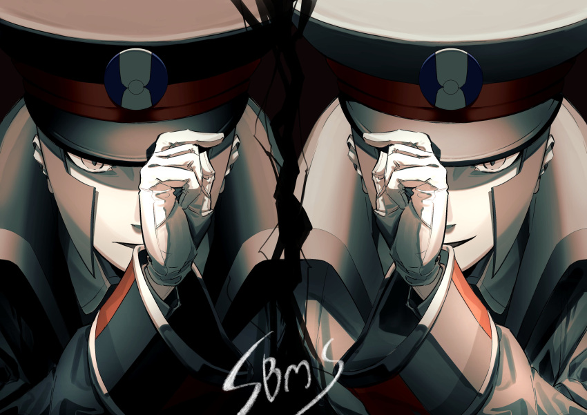 2boys, absurdres, adjusting_clothes, adjusting_headwear, black_coat, black_hat, brothers, coat