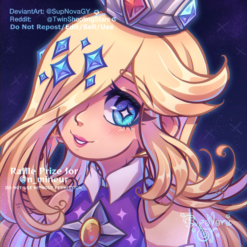 1girl, absurdres, blonde_hair, blue_eyes, blue_gemstone, brooch, crown, dress