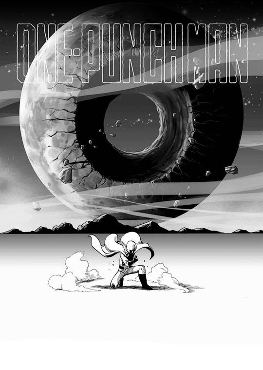 1boy, bald, cape, copyright_name, destroyed, floating_rock, greyscale, hole, monochrome, moon, murata_yuusuke, non-web_source, official_art, one-punch_man, planet, punched, saitama_(one-punch_man), space